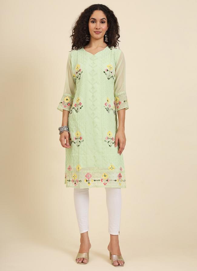 Georgette Mint Festival Wear Lucknowi Chikankari Work Readymade Kurti